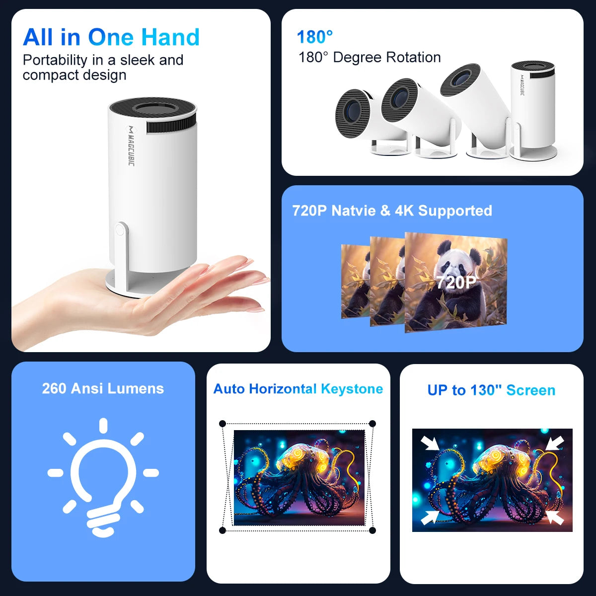 Projector 1280/720P HY300Pro Dual Wifi 260ANSI 180°Flexible