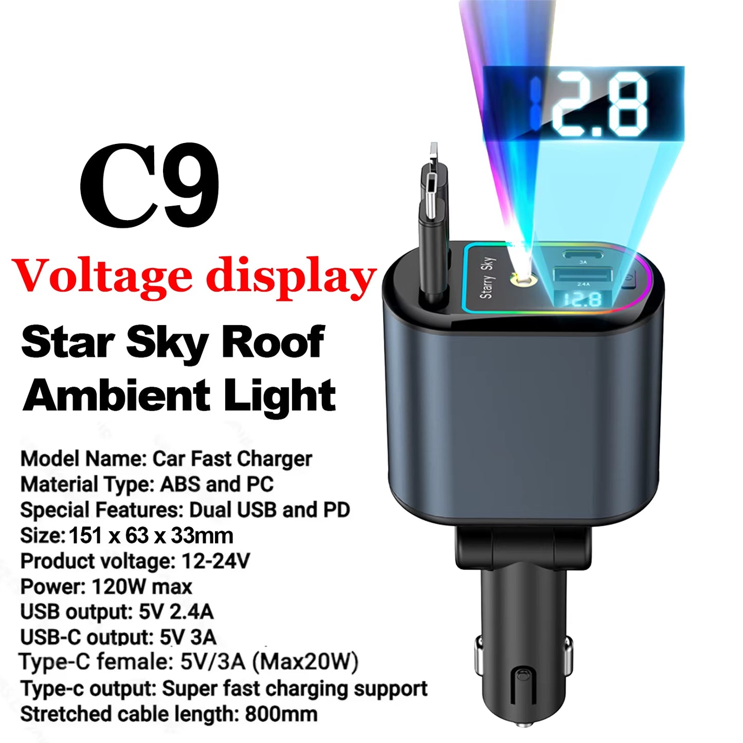 Car Charger USB Adapter 120W with Starlight
