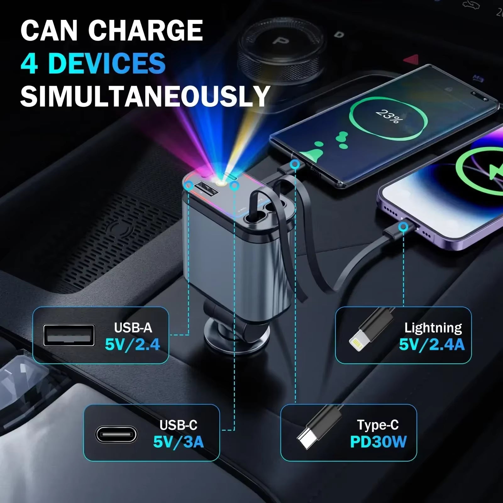 Car Charger USB Adapter 120W with Starlight